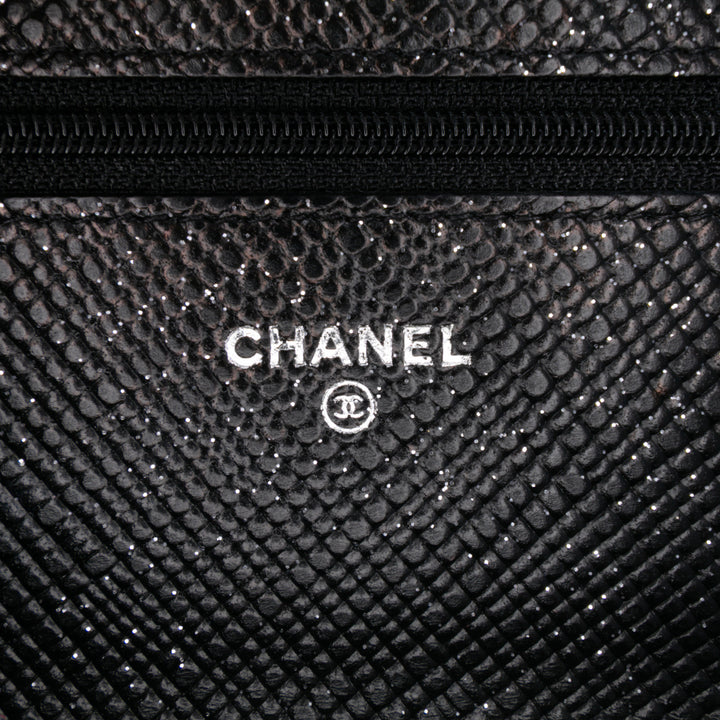 CC Quilted Glittered Calfskin Wallet On Chain Black - Gaby Paris