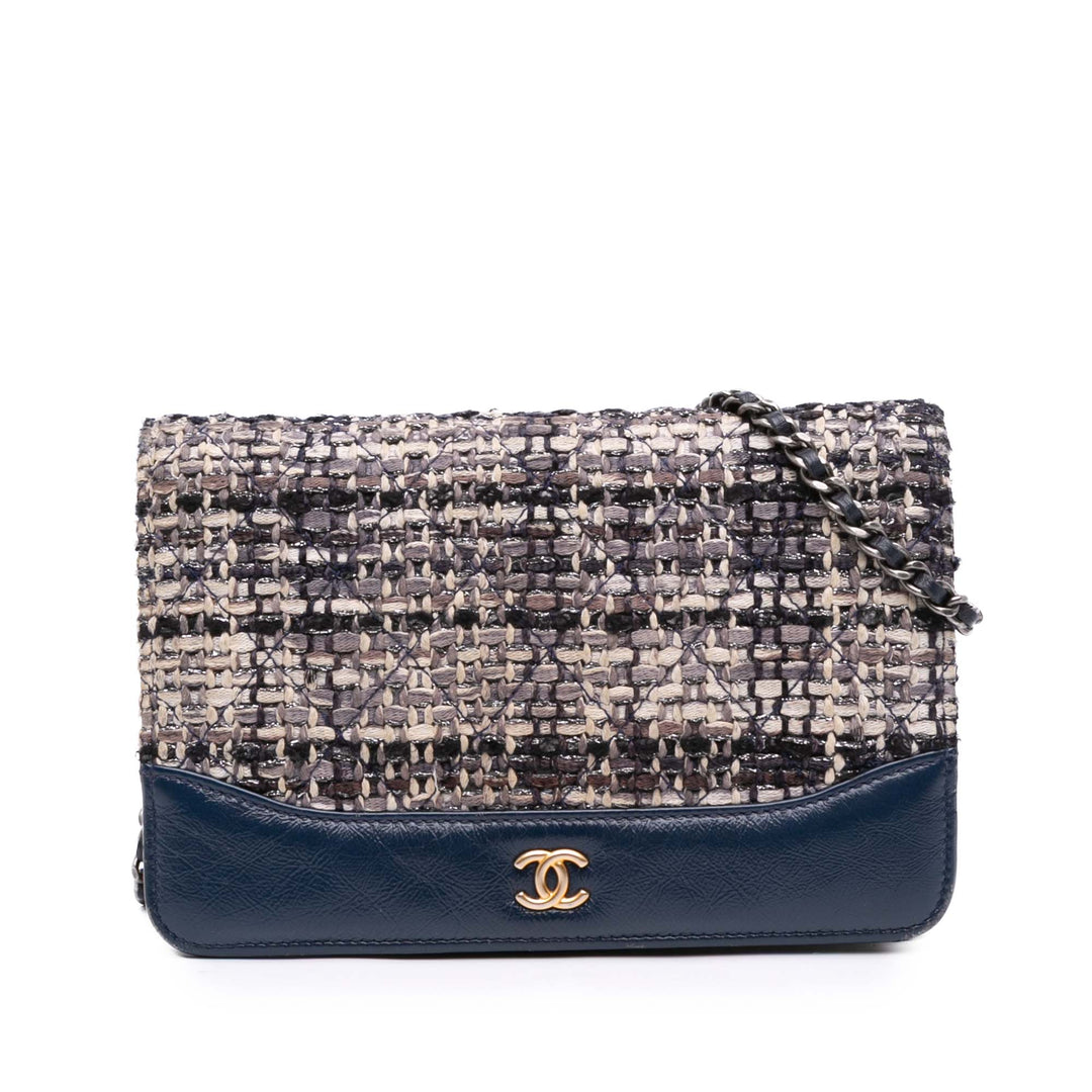 Quilted Tweed and Calfskin Gabrielle Wallet On Chain Brown - Gaby Paris