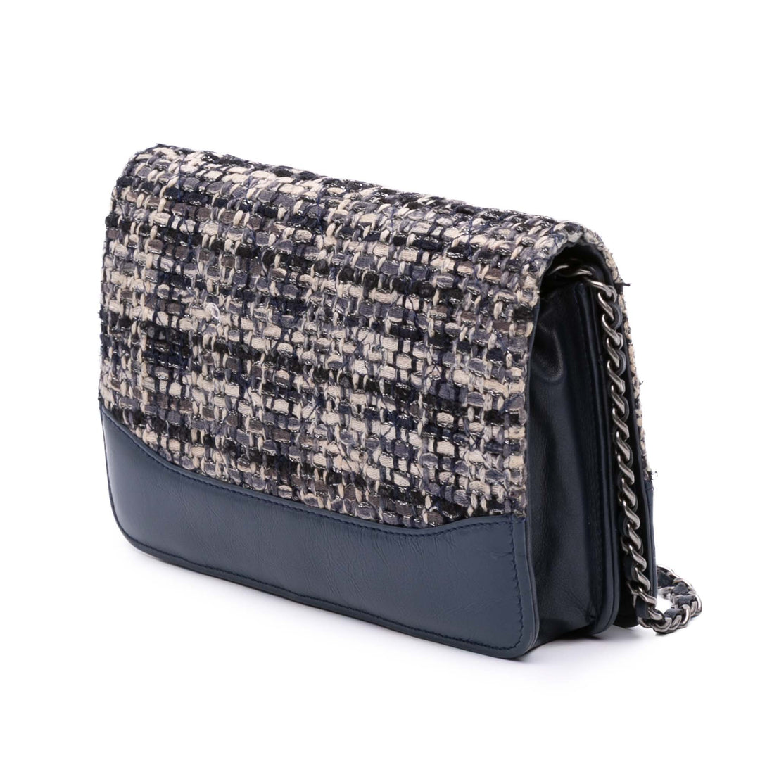 Quilted Tweed and Calfskin Gabrielle Wallet On Chain Brown - Gaby Paris