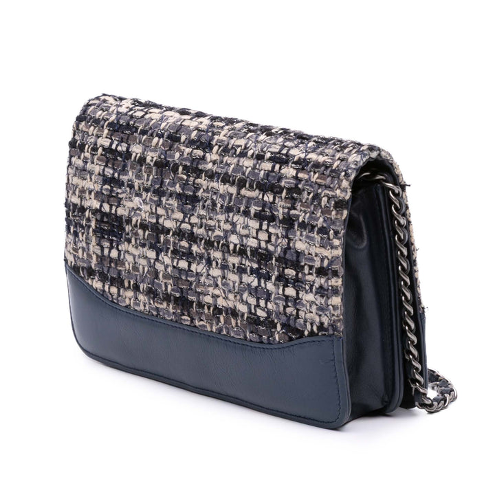 Quilted Tweed and Calfskin Gabrielle Wallet On Chain Brown - Gaby Paris