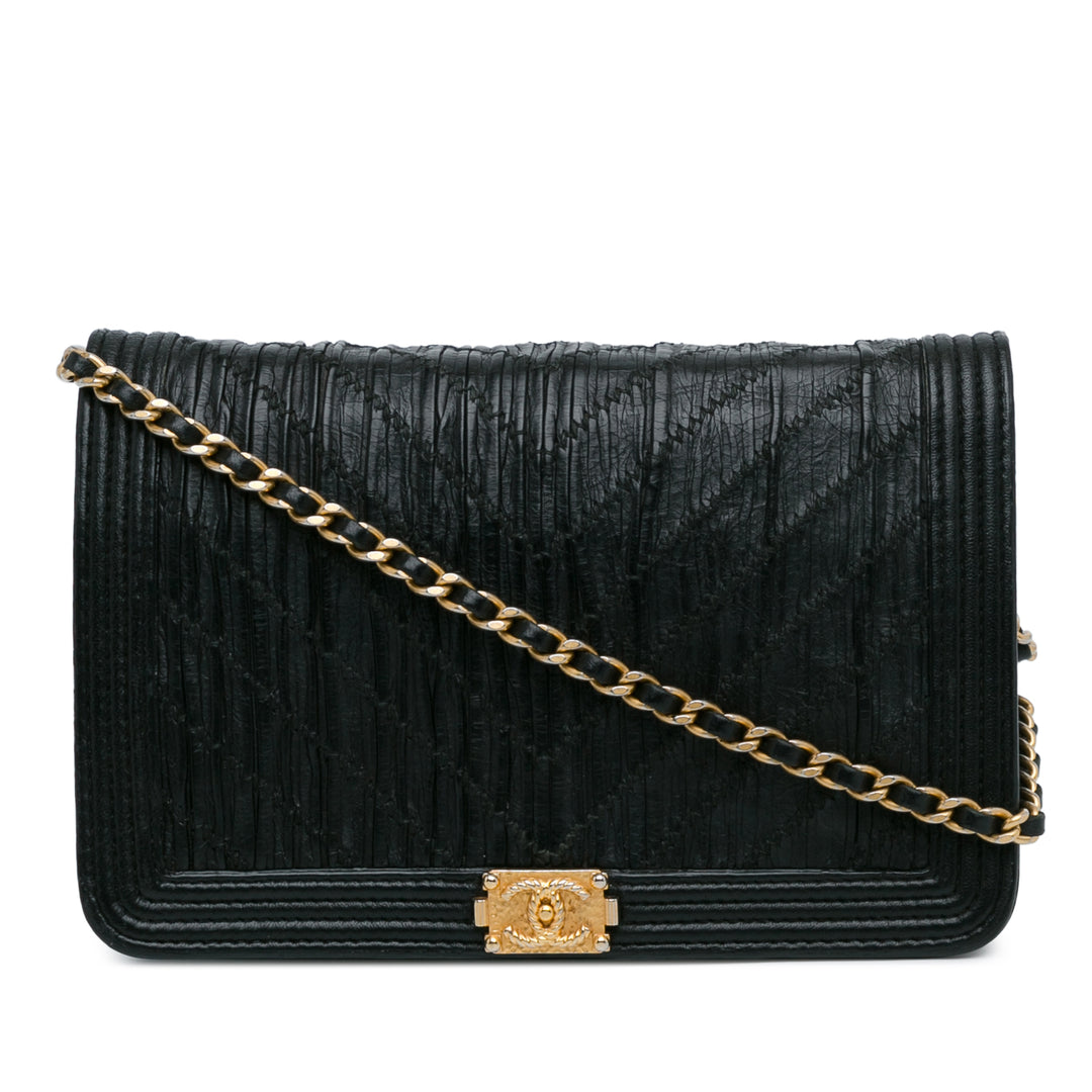 Pleated Crumpled Chevron Le Boy Wallet On Chain Black - Gaby Paris