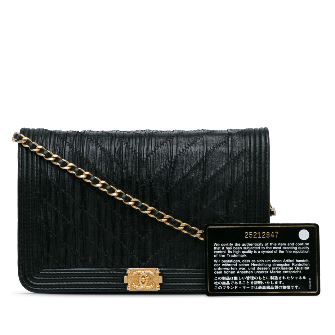 Pleated Crumpled Chevron Le Boy Wallet On Chain Black - Gaby Paris