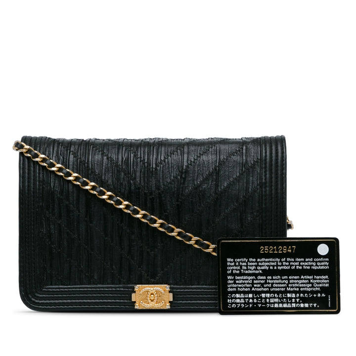 Pleated Crumpled Chevron Le Boy Wallet On Chain Black - Gaby Paris