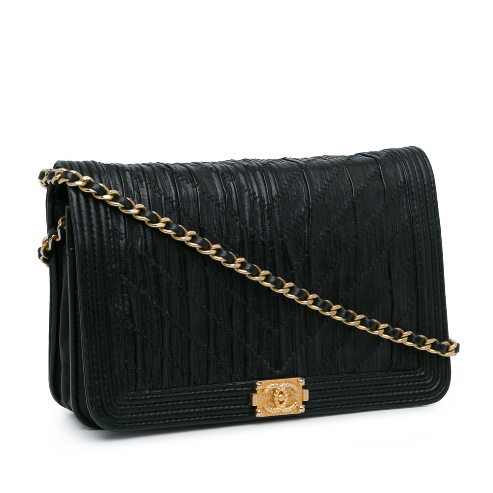 Pleated Crumpled Chevron Le Boy Wallet On Chain Black - Gaby Paris