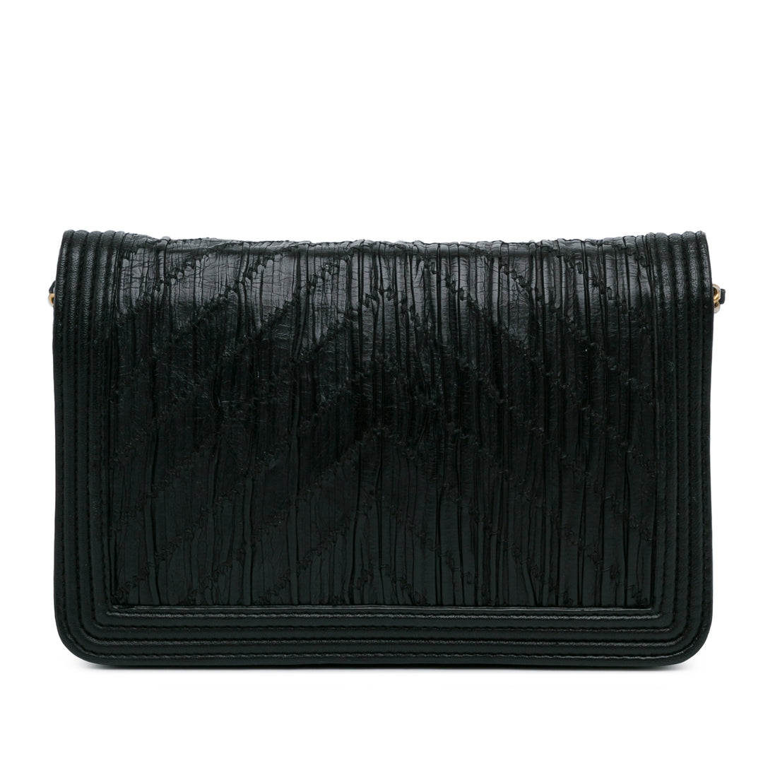 Pleated Crumpled Chevron Le Boy Wallet On Chain Black - Gaby Paris