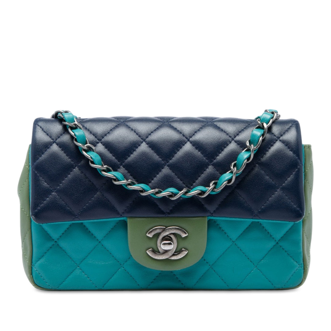 Classic Rectangulaire Tricolore Rabat simple Mini Cuir d'agneau Bleu