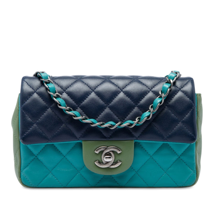 Classic Rectangulaire Tricolore Rabat simple Mini Cuir d'agneau Bleu