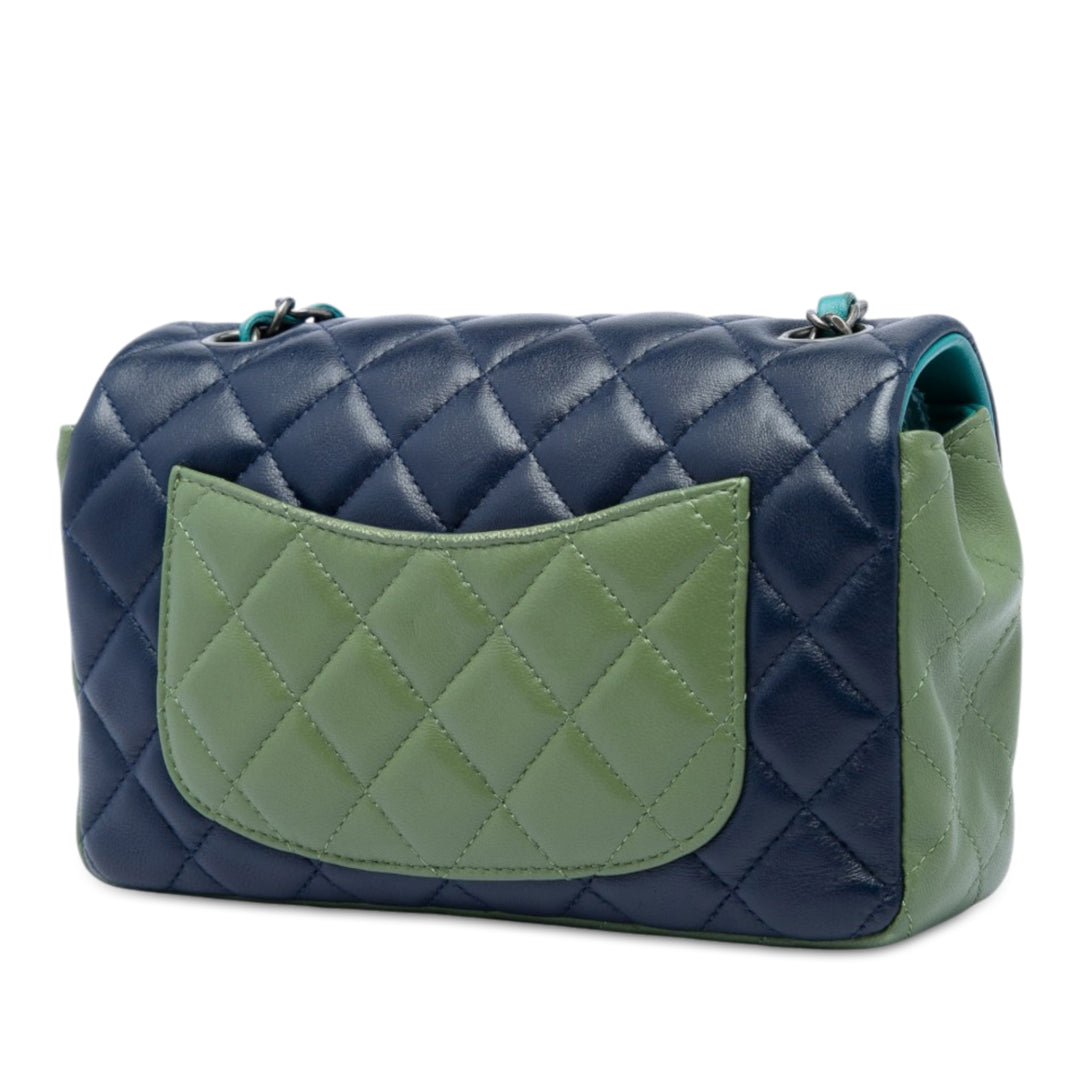 Classic Rectangulaire Tricolore Rabat simple Mini Cuir d'agneau Bleu