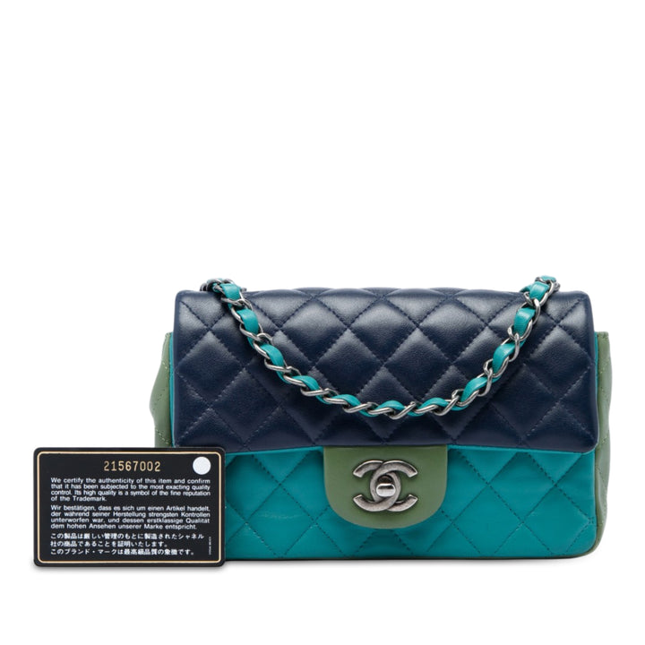 Classic Rectangulaire Tricolore Rabat simple Mini Cuir d'agneau Bleu