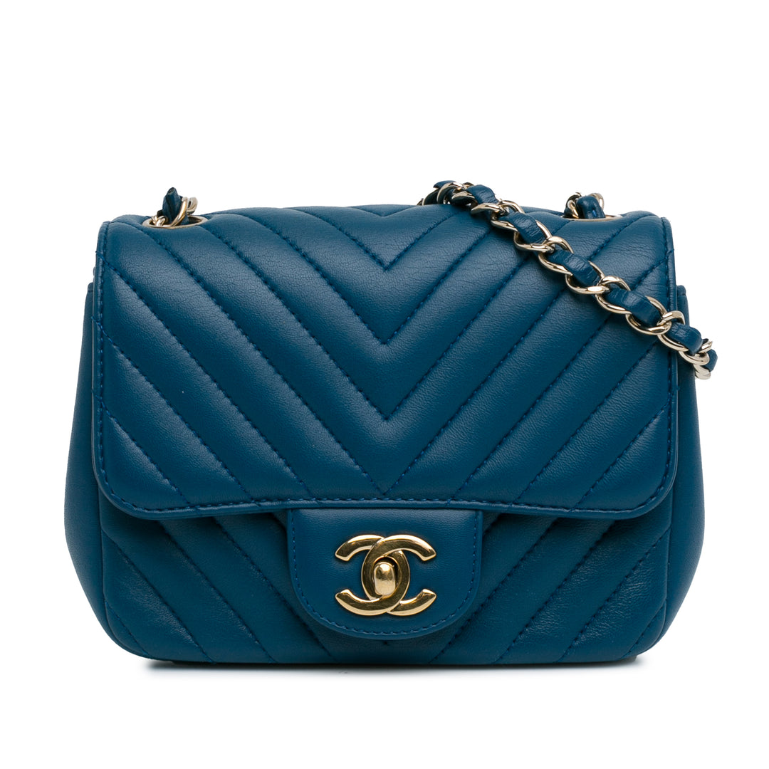 Mini Square Classic Chevron Lambskin Single Flap Blue - Gaby Paris