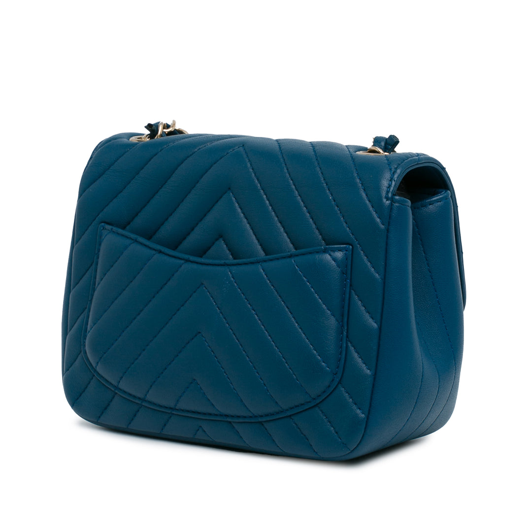 Mini Square Classic Chevron Lambskin Single Flap Blue - Gaby Paris