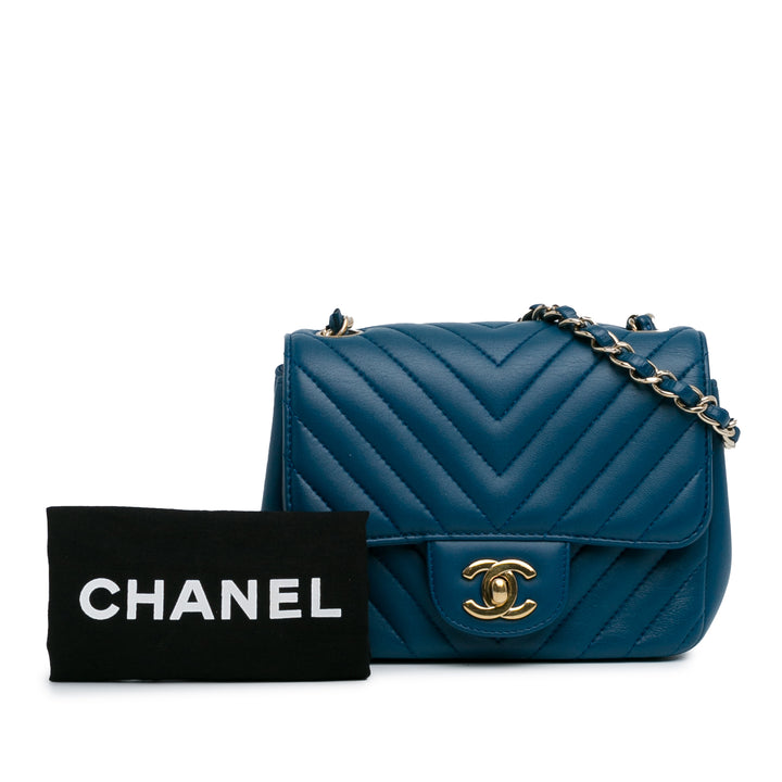 Mini Square Classic Chevron Lambskin Single Flap Blue - Gaby Paris