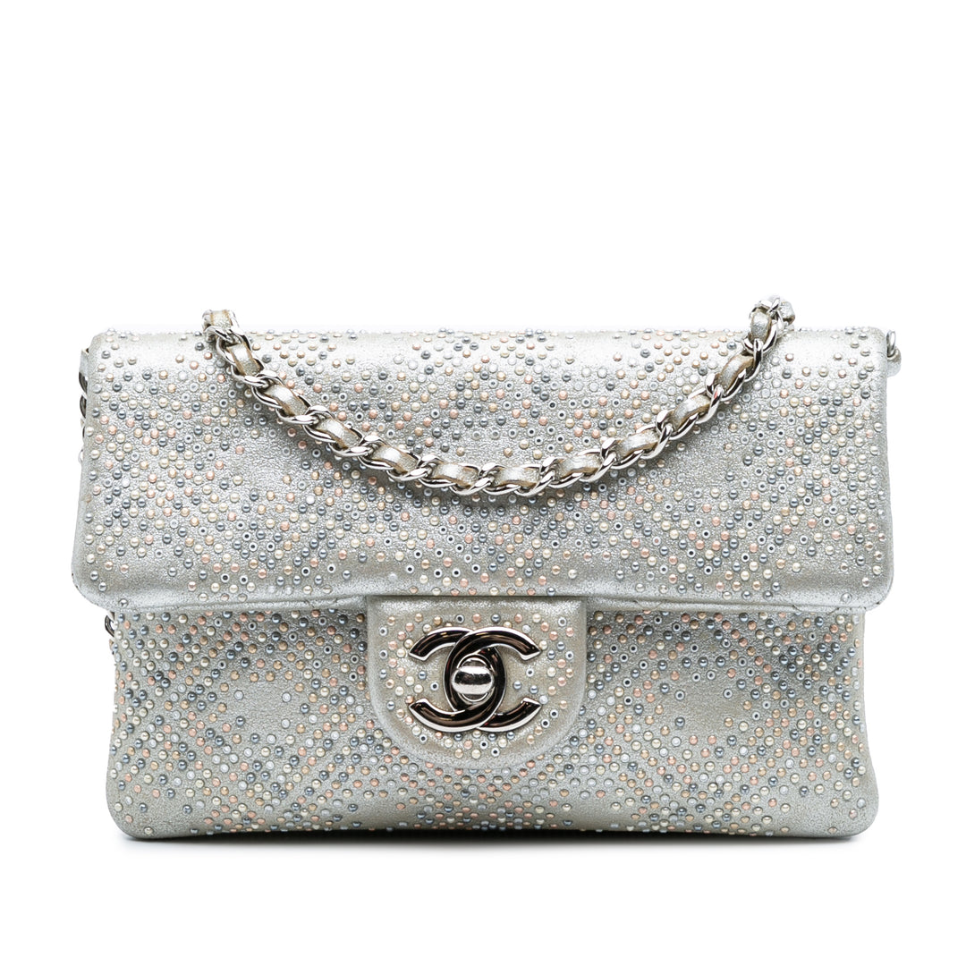 CC Iridescent and Studded Calfskin Flap Clutch on Chain Silver - Gaby Paris
