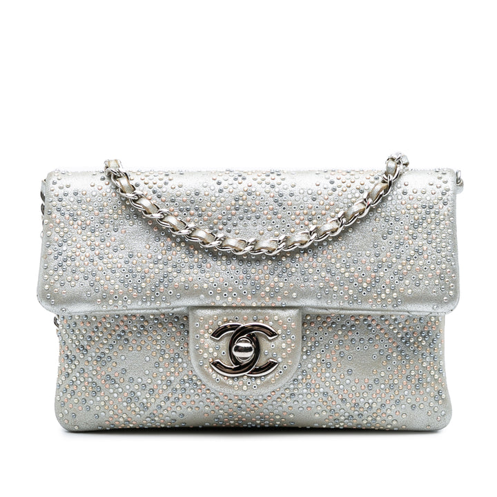 CC Iridescent and Studded Calfskin Flap Clutch on Chain Silver - Gaby Paris