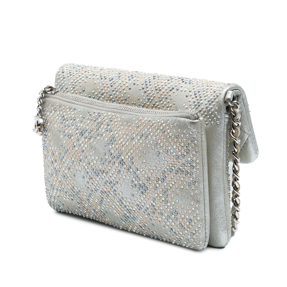 CC Iridescent and Studded Calfskin Flap Clutch on Chain Silver - Gaby Paris