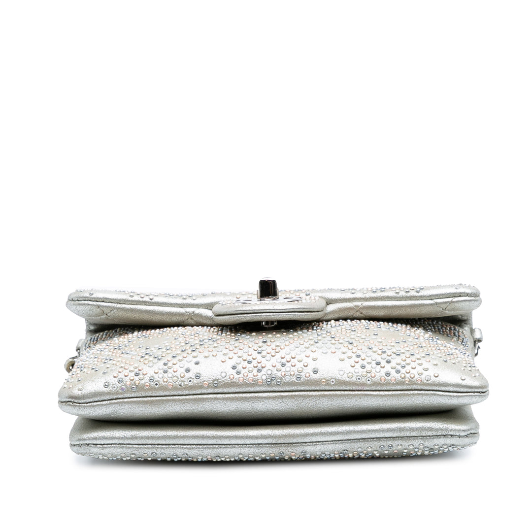 CC Iridescent and Studded Calfskin Flap Clutch on Chain Silver - Gaby Paris