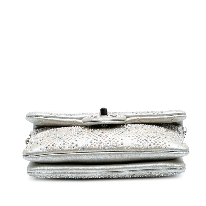 CC Iridescent and Studded Calfskin Flap Clutch on Chain Silver - Gaby Paris