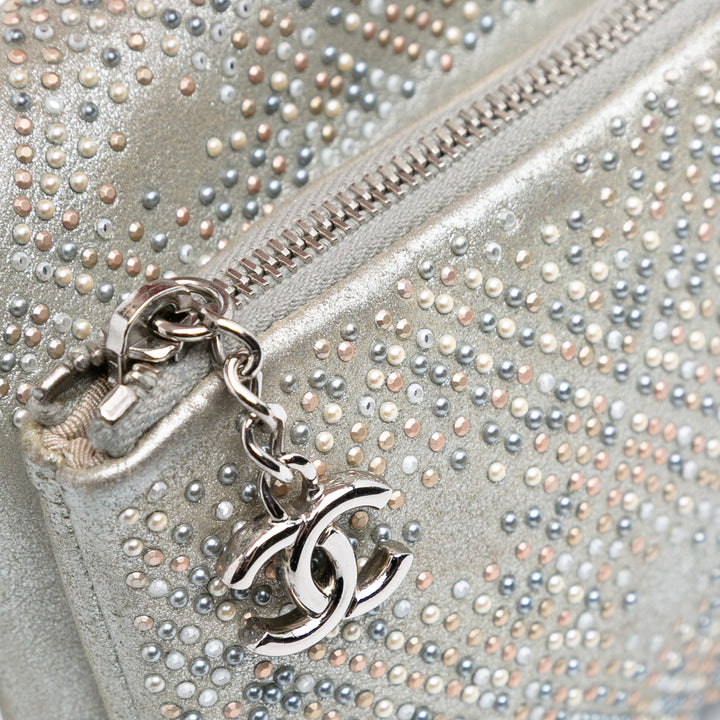 CC Iridescent and Studded Calfskin Flap Clutch on Chain Silver - Gaby Paris