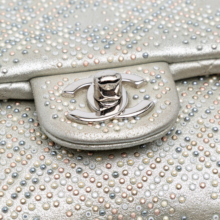CC Iridescent and Studded Calfskin Flap Clutch on Chain Silver - Gaby Paris