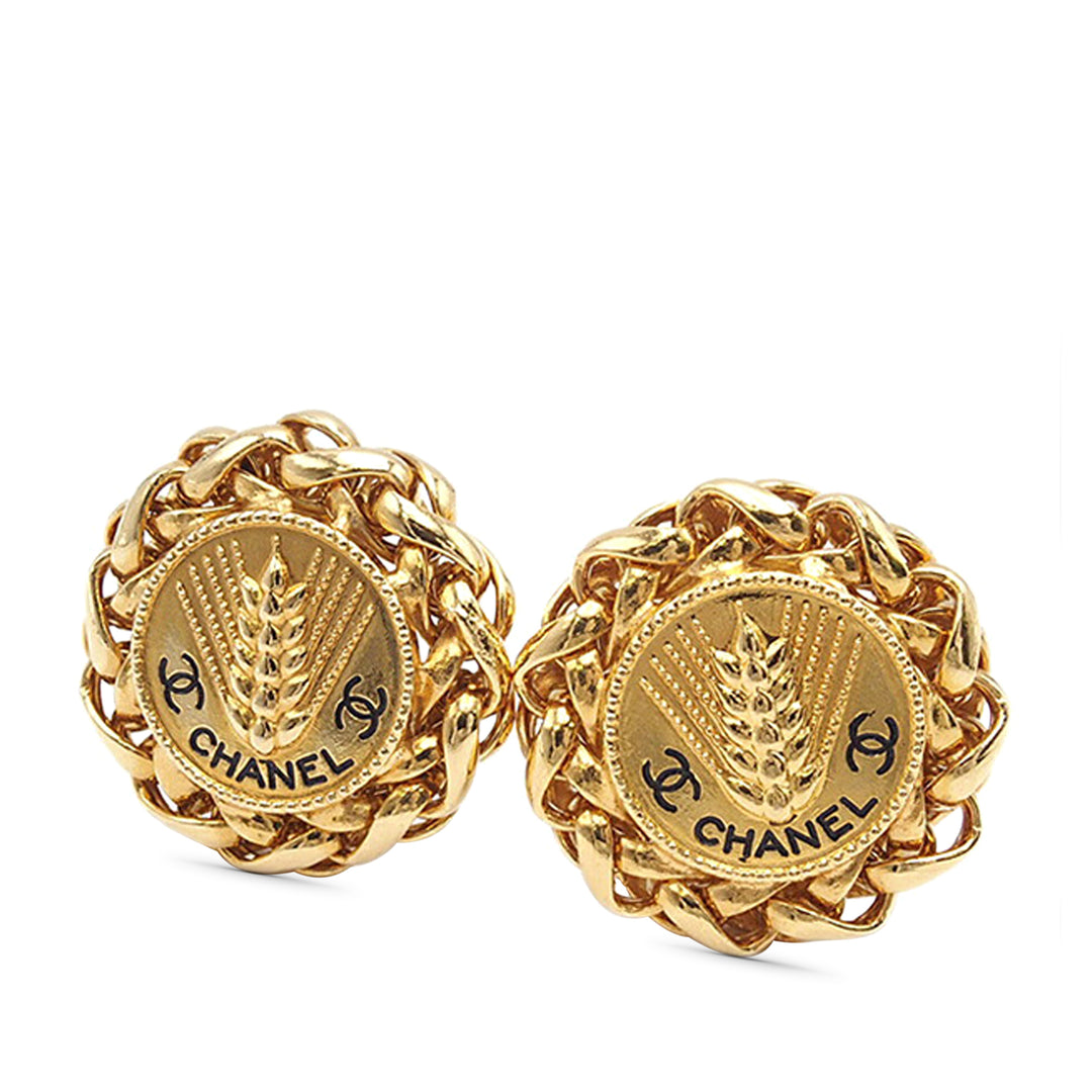 Gold Plated CC Wheat Medallion Clip On Earrings Gold - Gaby Paris