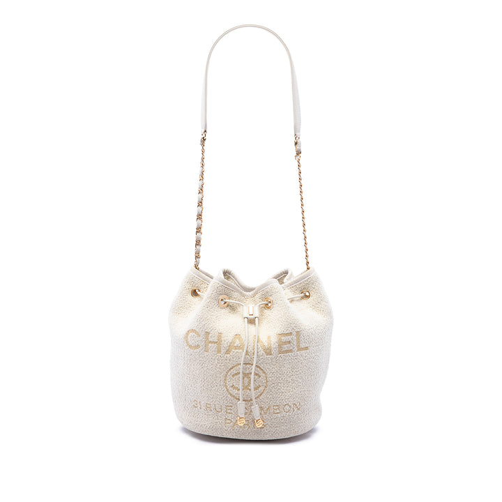 Chanel Deauville Sac à cordon seau Petit Tweed Blanc – vue principale – GABY PARIS