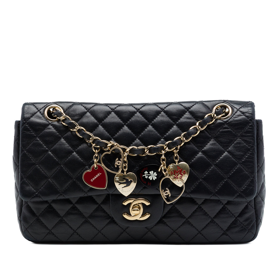 Chanel Classic Valentines Heart Charms Rabat simple Moyen Cuir d'agneau Noir