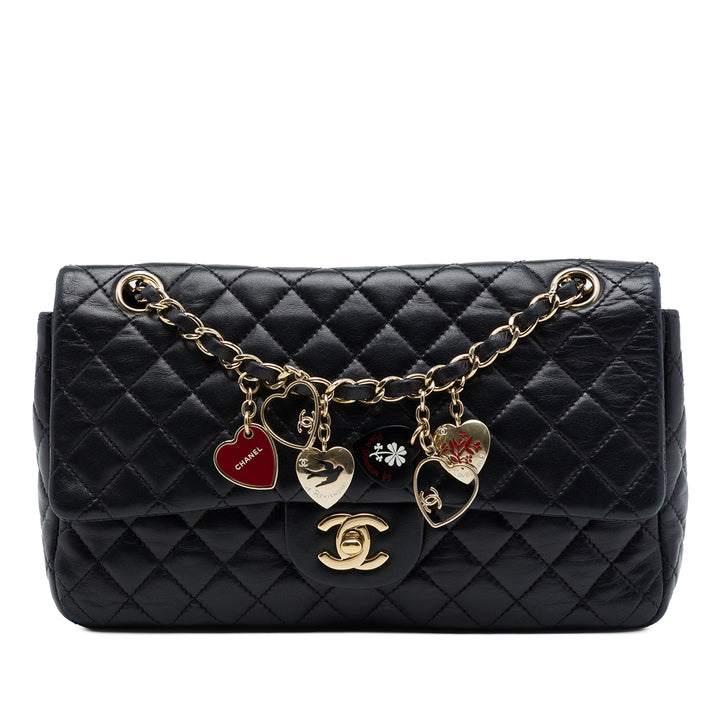 Chanel Classic Valentines Heart Charms Rabat simple Moyen Cuir d'agneau Noir