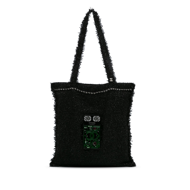 Large Resin Embellished Tweed Robot Shopping Tote Black - Gaby Paris