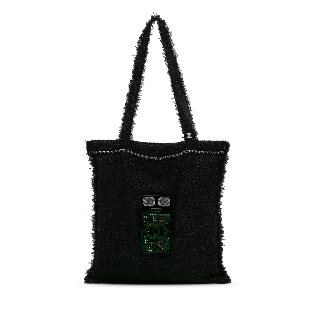 Large Resin Embellished Tweed Robot Shopping Tote Black - Gaby Paris