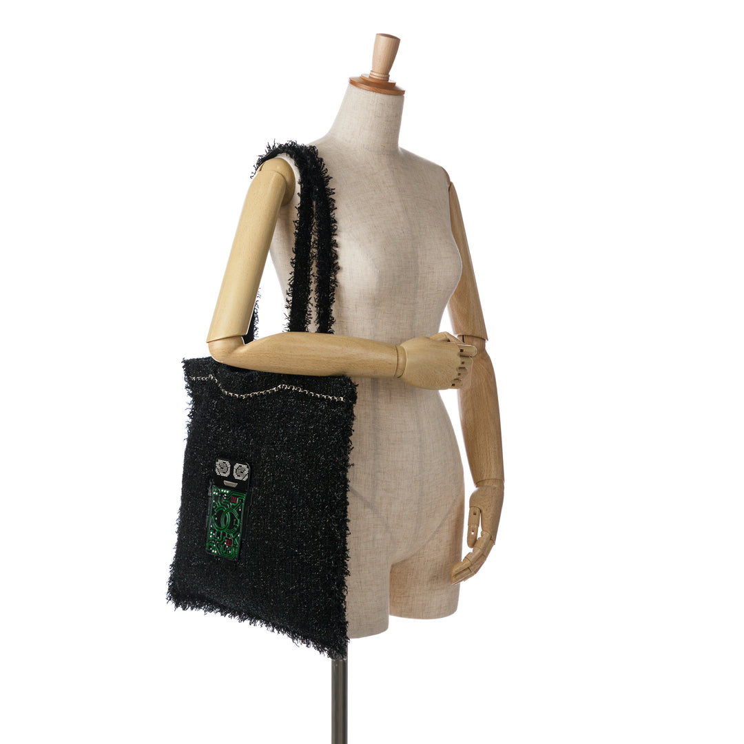 Large Resin Embellished Tweed Robot Shopping Tote Black - Gaby Paris
