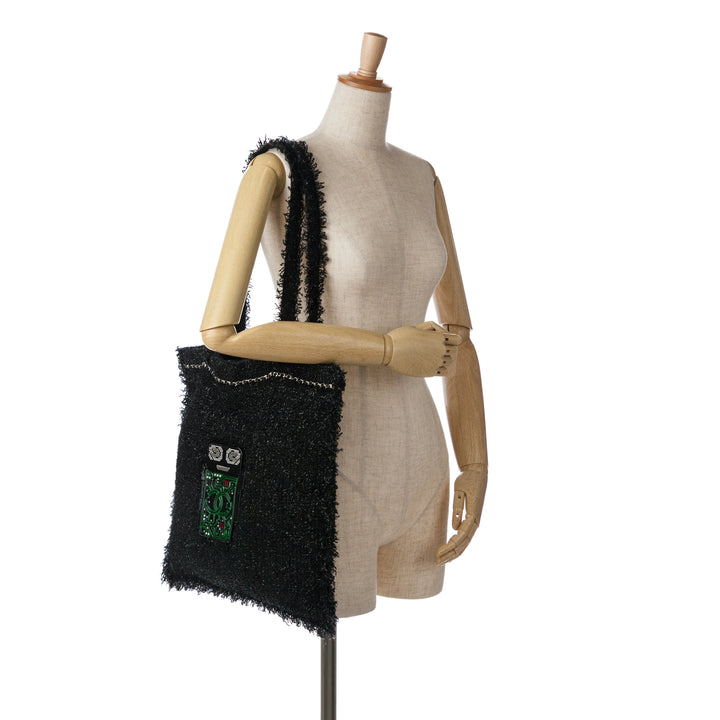 Large Resin Embellished Tweed Robot Shopping Tote Black - Gaby Paris