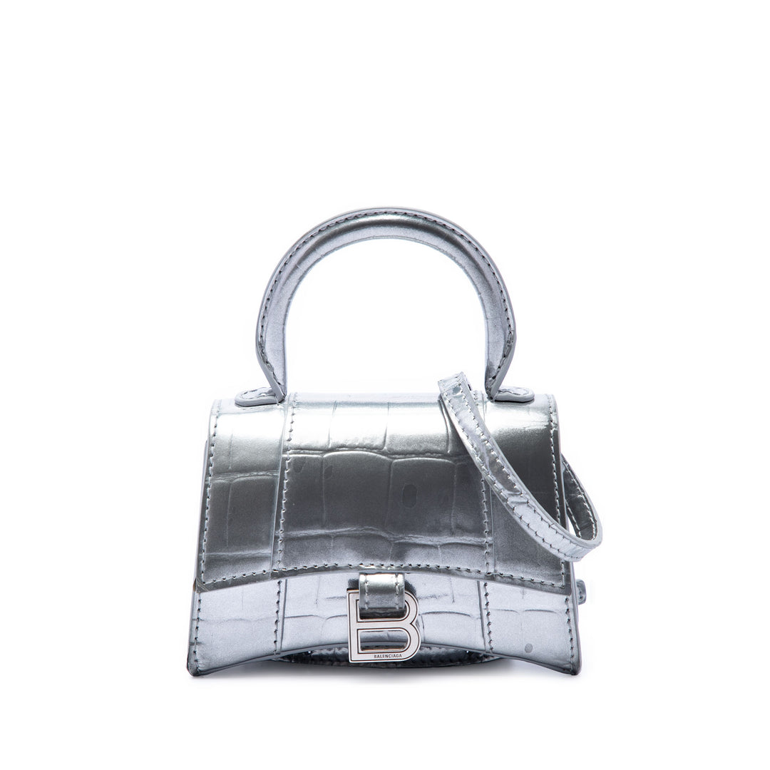 Balenciaga Mini Metallic Croc embossé Cuir de veau Hourglass sac à anse supérieure