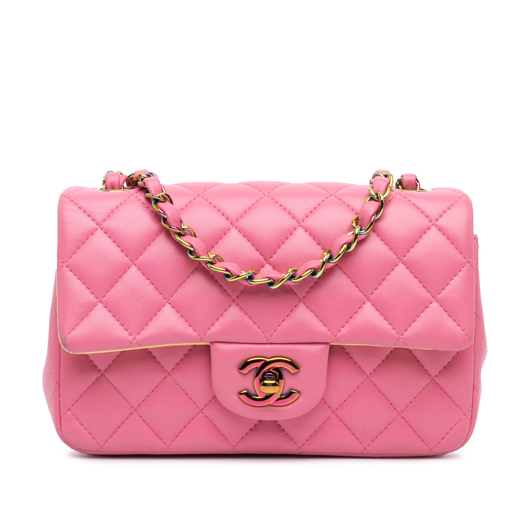 Mini Rectangular Classic Lambskin Rainbow Single Flap Pink - Gaby Paris