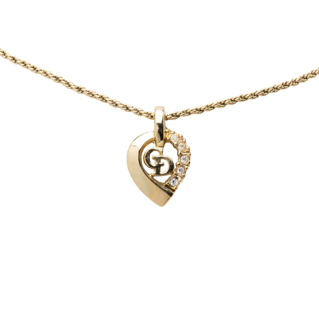 Dior plaqué Strass CD Heart Pendant Collier Doré – vue 2 – GABY PARIS