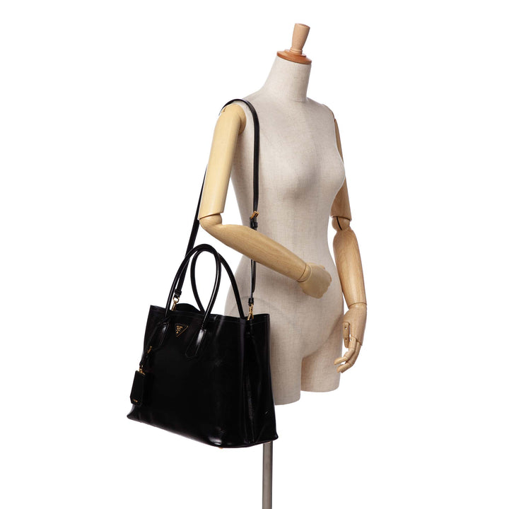 Medium Saffiano Vernice Double Satchel Black - Gaby Paris