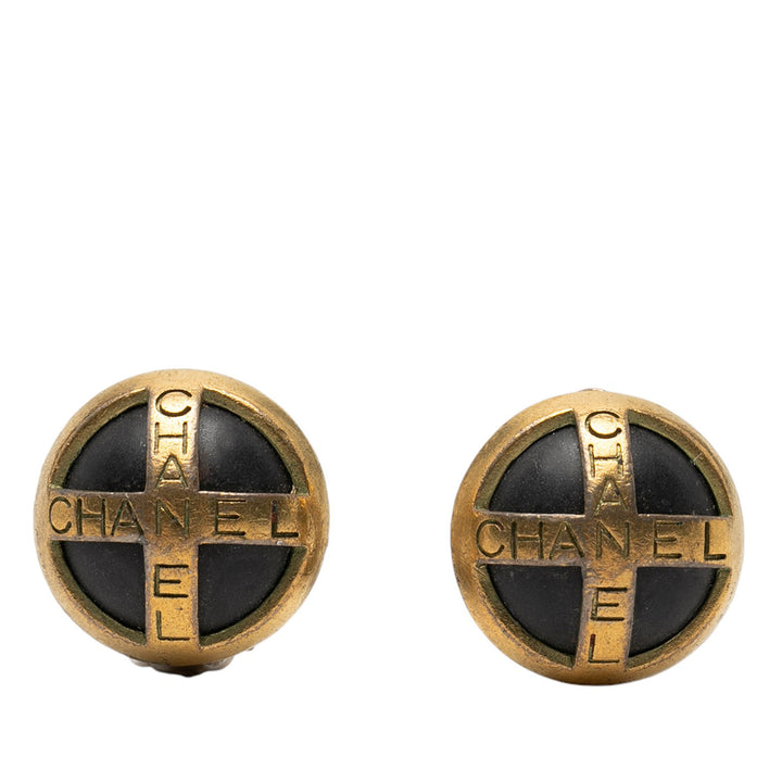Chanel plaqué et Acrylic Logo Rond Button Clip On Boucles d’oreilles