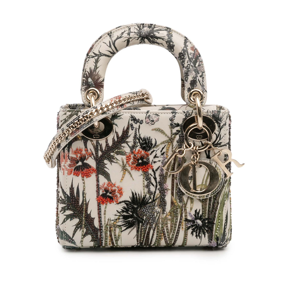 Mini Calfskin Beaded Embroidered Jardin Naturel Lady Dior White - Gaby Paris
