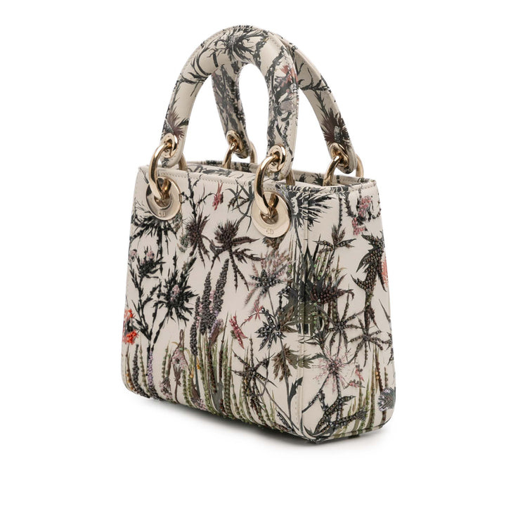 Mini Calfskin Beaded Embroidered Jardin Naturel Lady Dior White - Gaby Paris