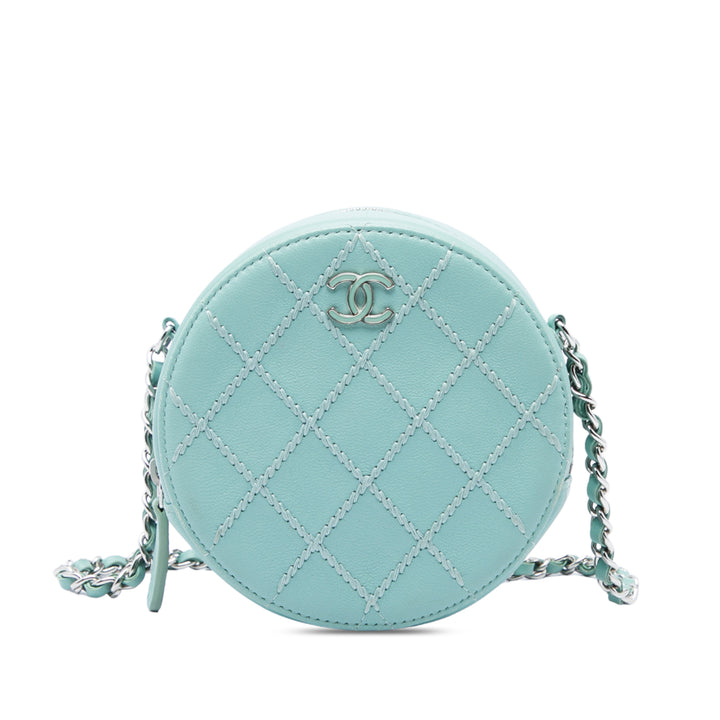 Matelassé Ultimate Stitch Rond Pochette avec chaîne Cuir d'agneau Bleu