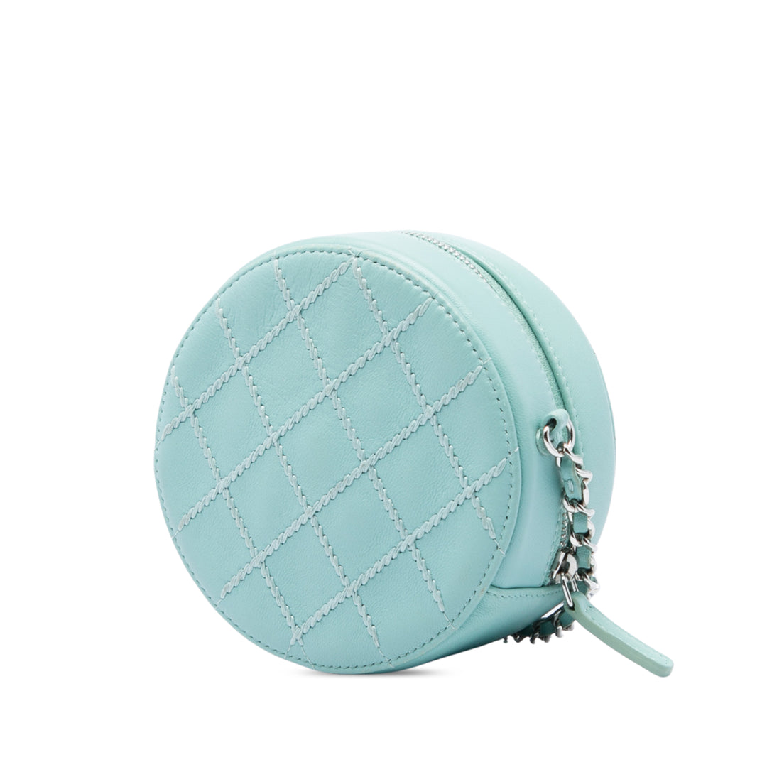 Matelassé Ultimate Stitch Rond Pochette avec chaîne Cuir d'agneau Bleu