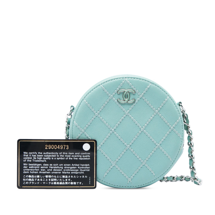 Matelassé Ultimate Stitch Rond Pochette avec chaîne Cuir d'agneau Bleu