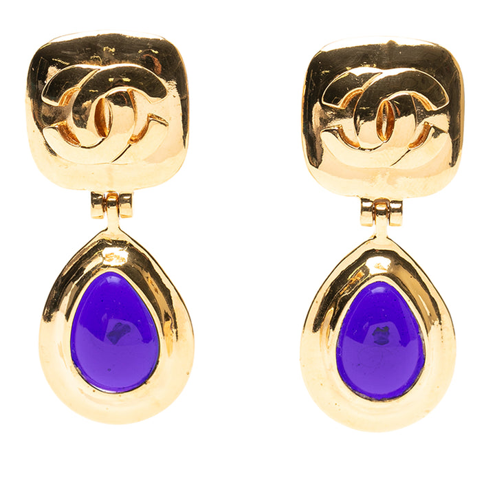 Chanel CC plaqué et Gripoix Glass Teardrop Clip on Boucles d'oreilles