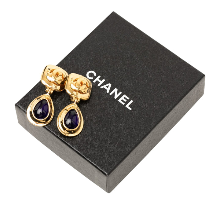 Chanel CC plaqué et Gripoix Glass Teardrop Clip on Boucles d'oreilles