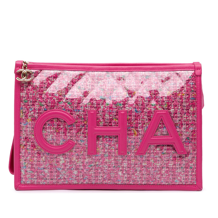 Large Tweed PVC Logo Wristlet Pouch Pink - Gaby Paris