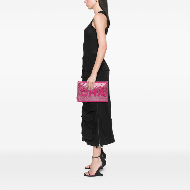 Large Tweed PVC Logo Wristlet Pouch Pink - Gaby Paris
