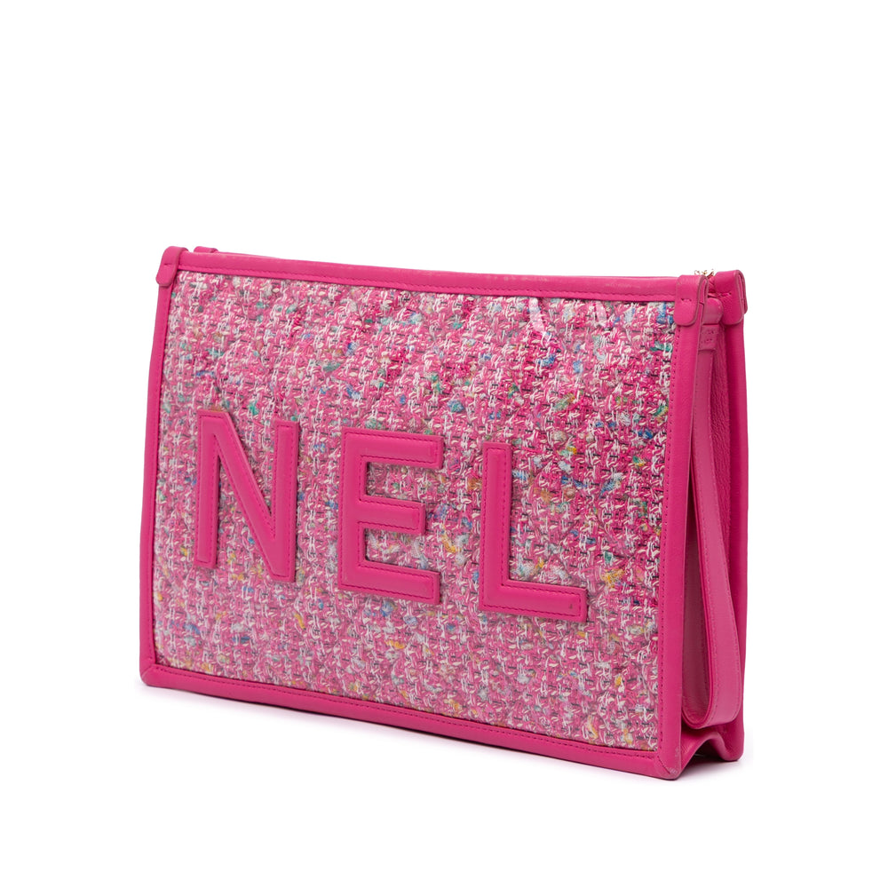 Large Tweed PVC Logo Wristlet Pouch Pink - Gaby Paris
