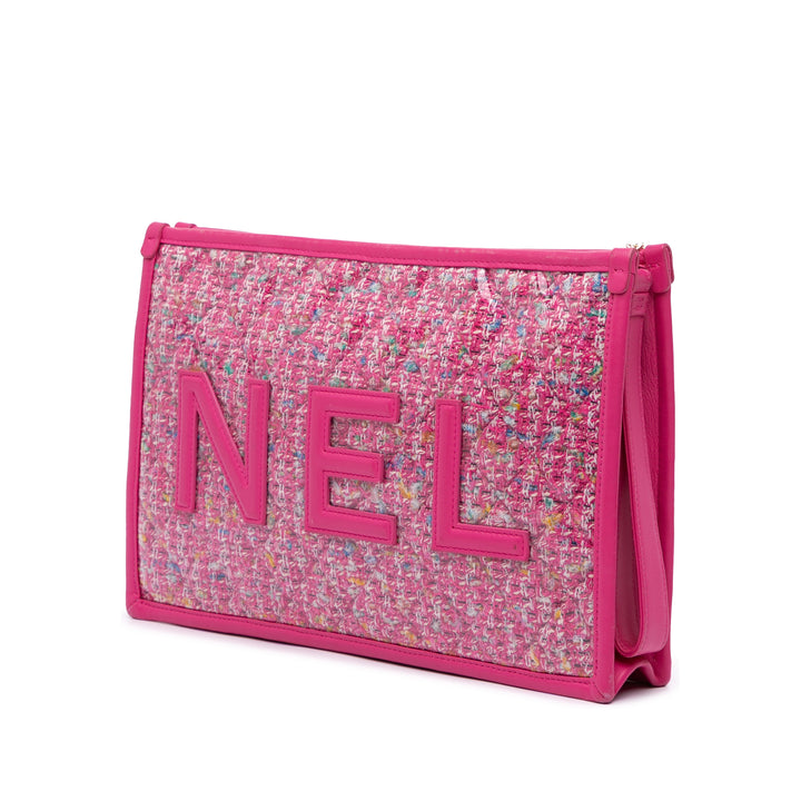 Large Tweed PVC Logo Wristlet Pouch Pink - Gaby Paris