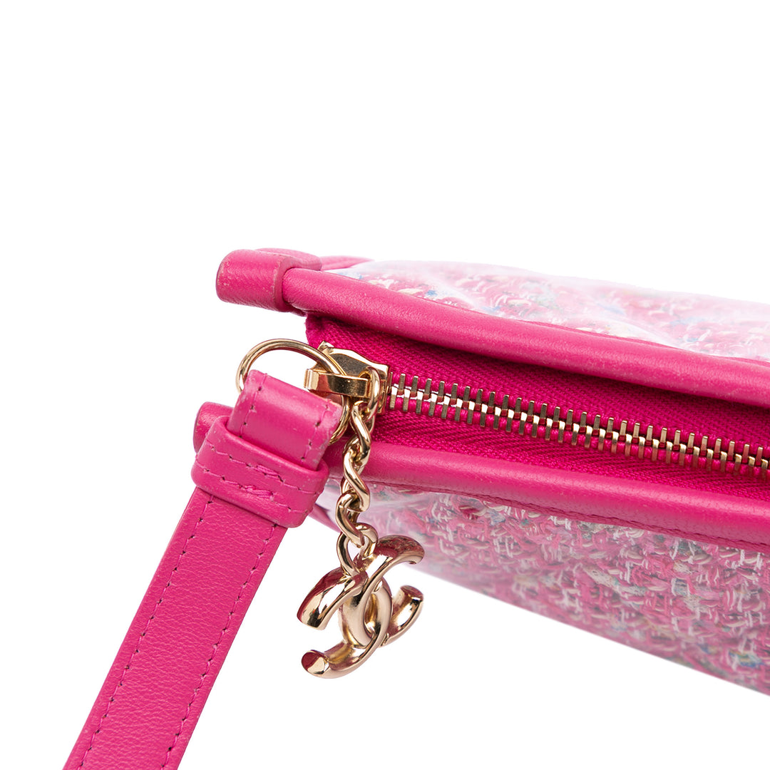 Large Tweed PVC Logo Wristlet Pouch Pink - Gaby Paris