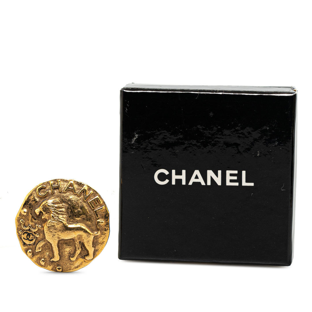 Chanel Gold Plated CC Round Lion Brooch Gold - GABY PARIS