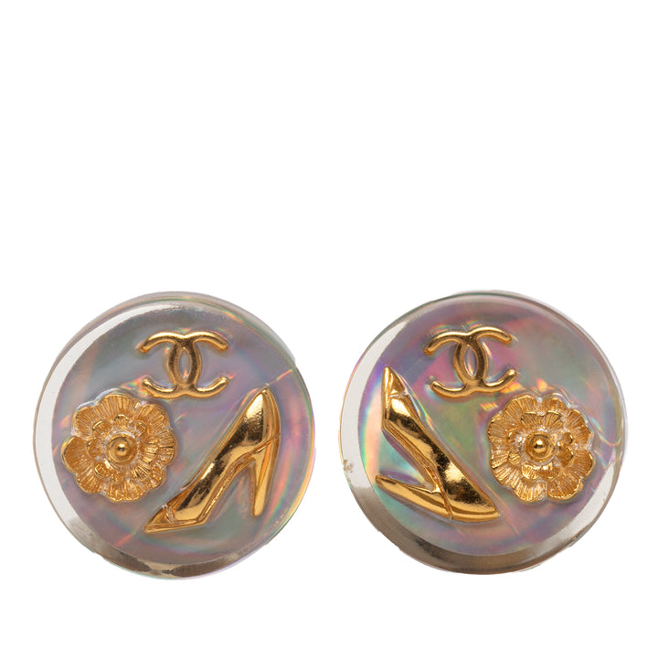 Chanel Doré Plated Resin CC Camellia Button Clip On Boucle d’oreilles Blanc